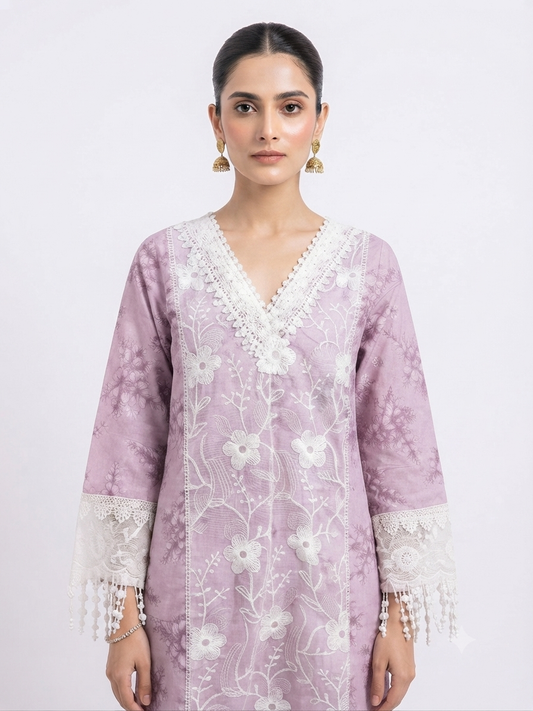 Lavender Printed and Embroidered Lace-Trim Kurta Set