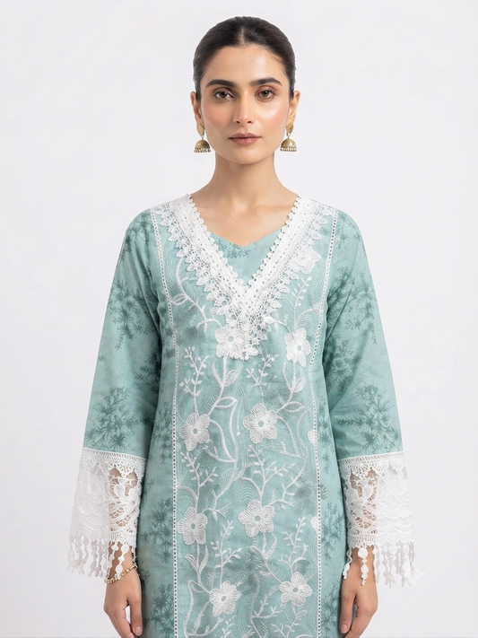 Seafoam Printed and Embroidered Lace-Trim Kurta Set