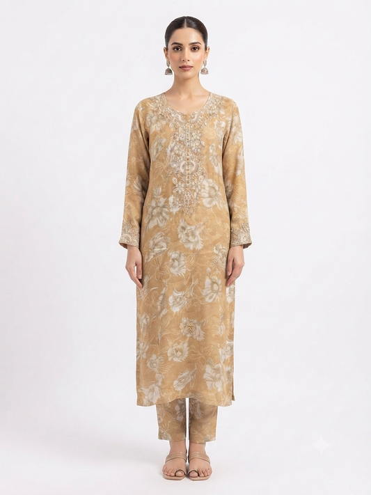 Golden Floral Embellished Kurta Set