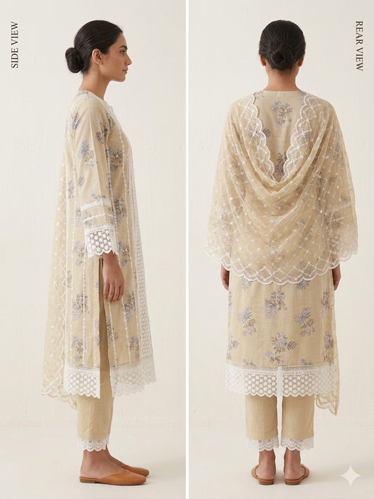 Women's 3-Piece Embroidered Beige Salwar Kameez Suit