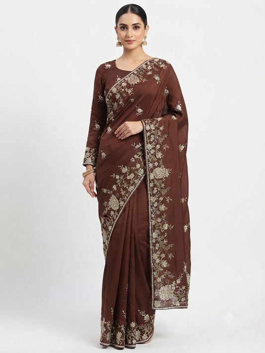 Embroidered Brown Silk Saree