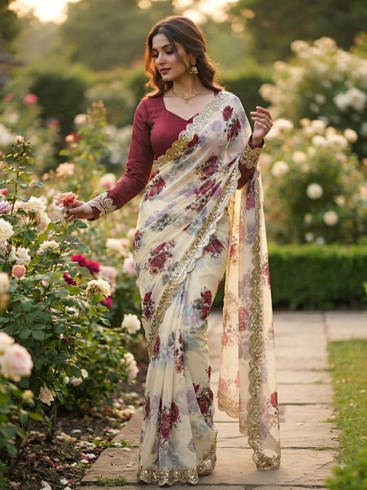Floral Elegance Saree with beads work and silver stones.