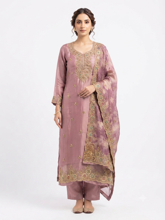 Mauve Soft satin Organza Embroidered Kurta Set with Matching Dupatta