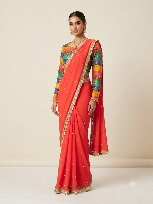 MNT ORANGE MEHENDI SAREE WITH MULTI BLOUSE