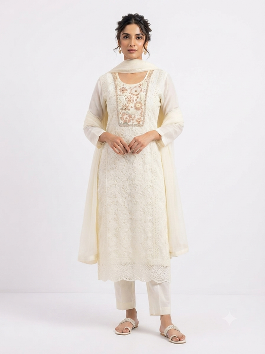 Ivory Embroidered Chikan Kurti Set