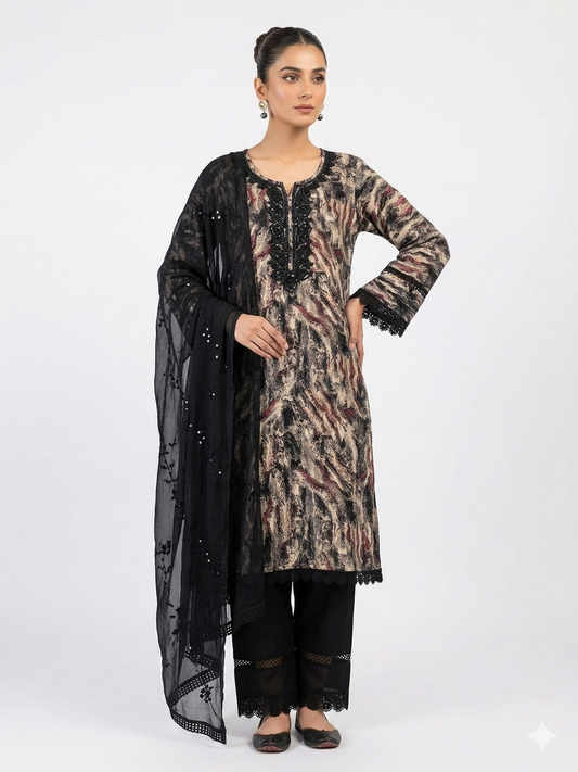 Charcoal Abstract Print Embroidered Shalwar Kameez