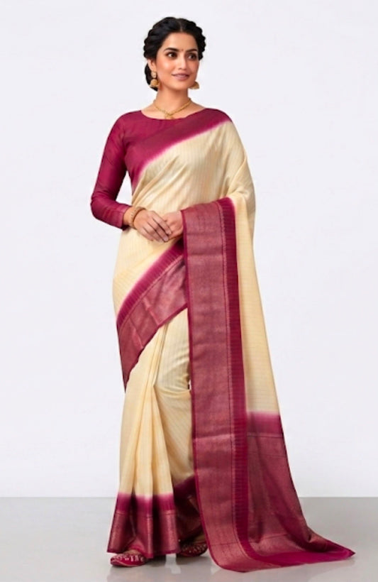 WHITE SAREE WITH MAGENTA BLOUSE AND BORDER