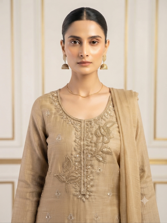 Embroidered Beige Kurta Set with Dupatta