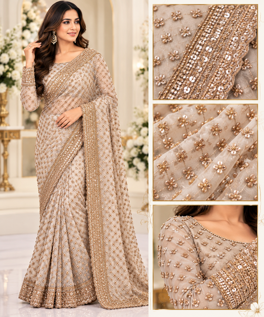 Champagne Gold Embellished Saree with full sleeve blouse.