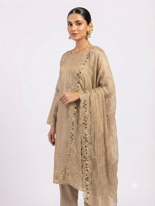 Beige Embroidered Kurta Set with Dupatta