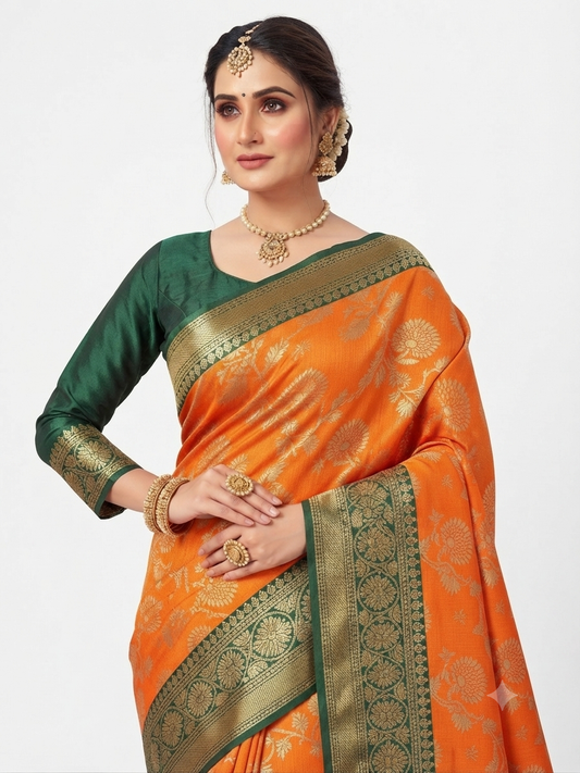 GYT orange katan mehendi saree with ready-made blouse.