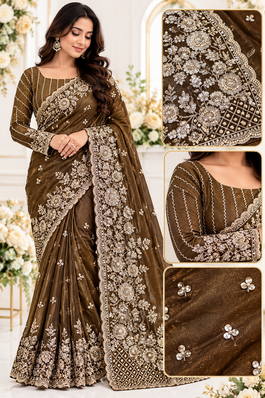 Mocha Luxe Embroidered Saree, available in any colour to order