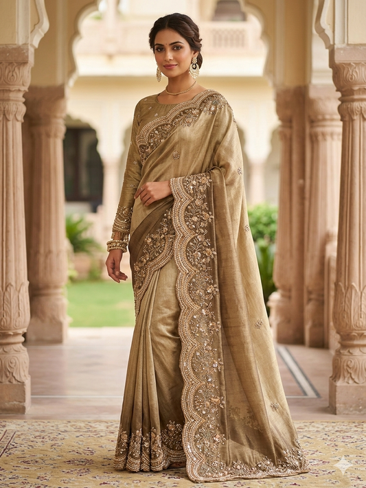 Golden Champagne Pearl & Sequin Embroidered Saree Set