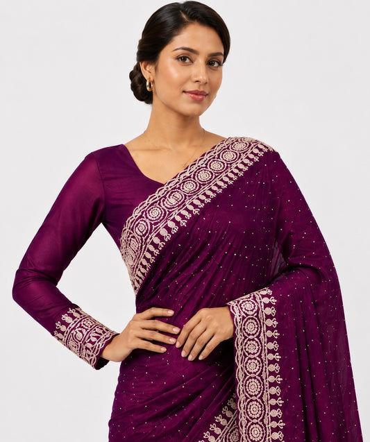 Wine Red & Silver Scalloped Saree