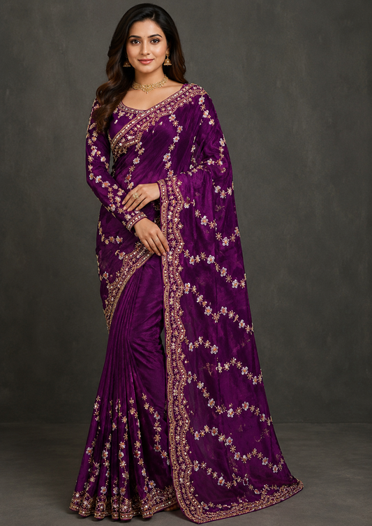 Viral Royal Plum Embellished Saree with Full Sleeve Designer Blouse