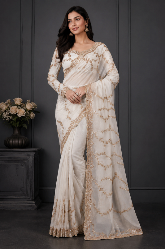 Viral White & Gold Embroidered Saree with Designer Full Sleeve Blouse