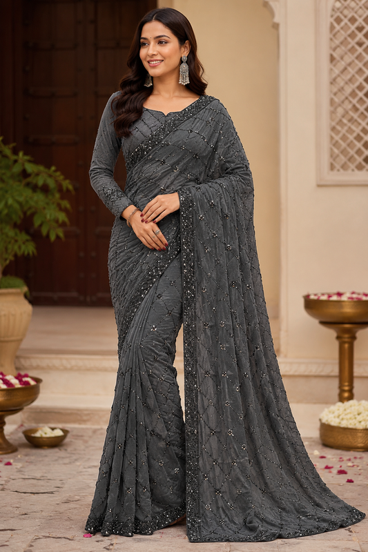 Black Embroidered & Sequin Work Saree with Full Sleeve Blouse