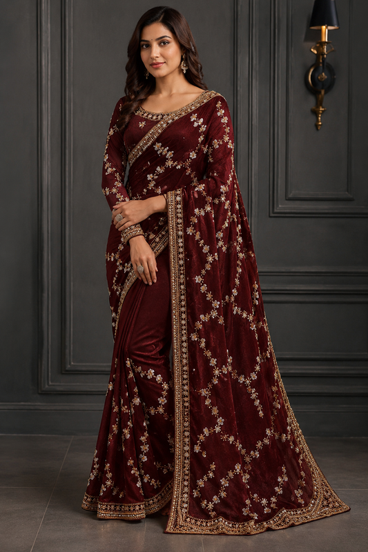 Viral Royal Wine Embellished Saree with Designer Full Sleeve Blouse