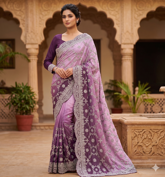 Mauve and Wine Ombré Embroidered Saree with Full-Sleeve Blouse