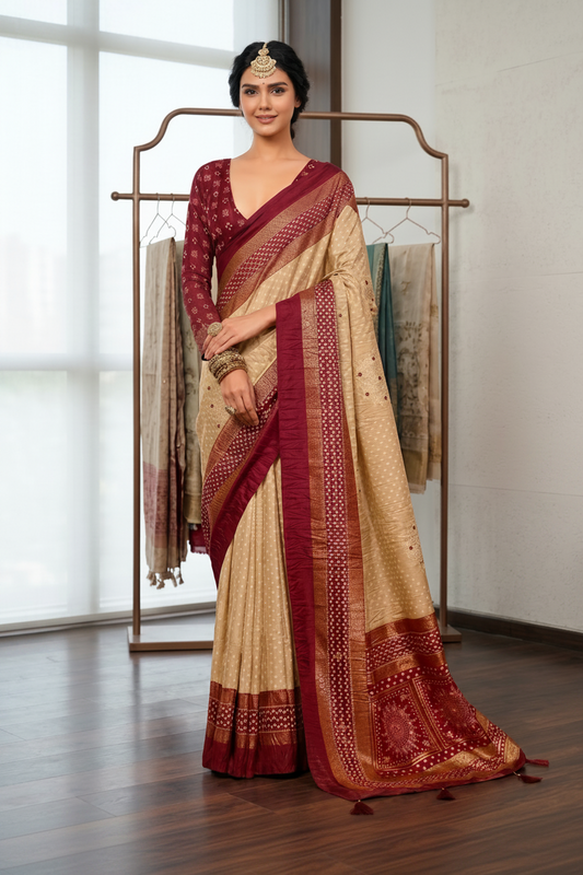 Elegant Cream & Maroon Print Silk Bandni Saree Set with Full-Sleeve Blouse