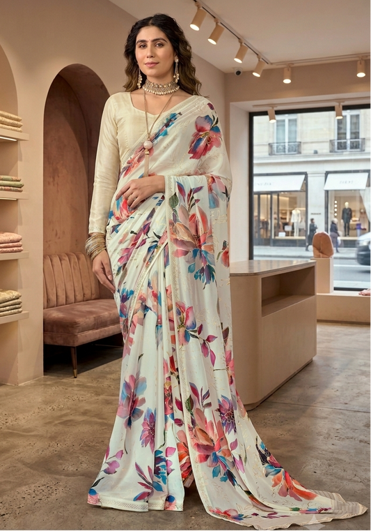 Rumi Floral Print Cream Saree with Full-Sleeve Blouse Set