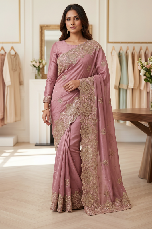 Dusty Rose Mauve Georgette Saree with Full-Sleeve Blouse