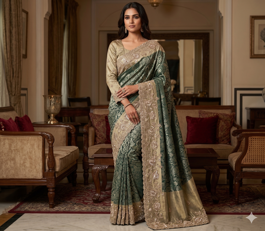 Mint Sage Pure Jacquard Saree with Embroidered Full-Sleeve Blouse