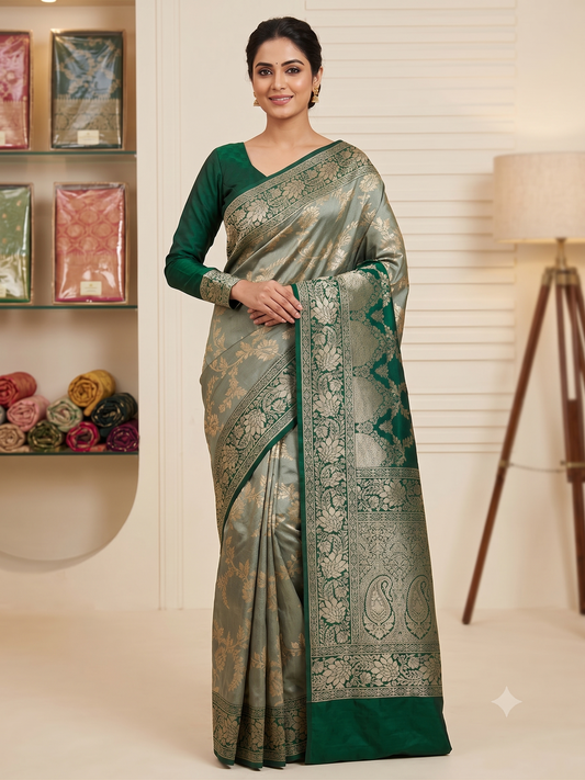 Premium Soft Katan Saree in Sage & Emerald Green