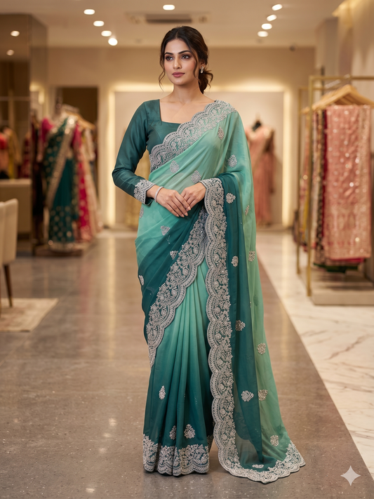 Mint & Deep Teal Ombré Embroidered Saree with Full-Sleeve Blouse
