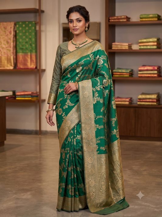 Emerald Elegance Soft Katan Saree with Olive Brocade Full-Sleeve Blouse