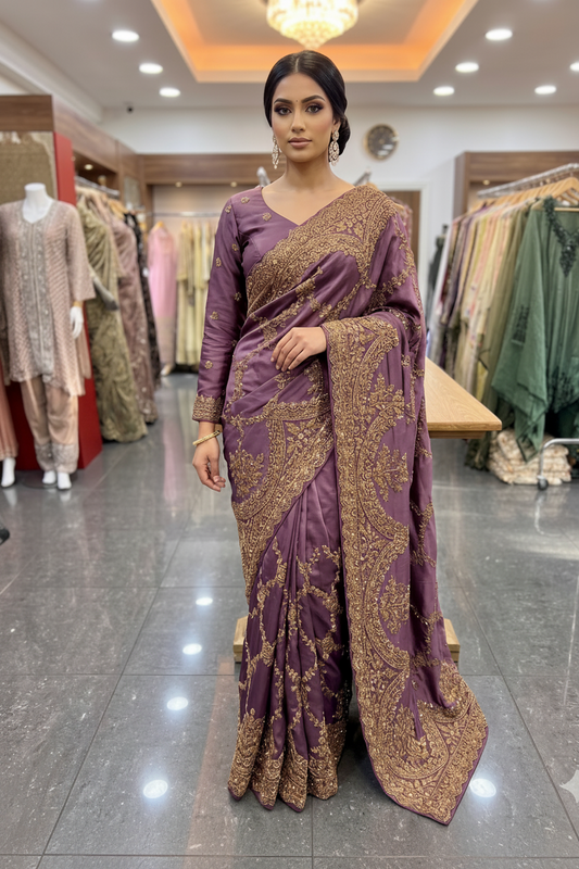 Plum Purple Saree with All-Over Gold Zari Embroidery & Full-Sleeve Blouse Set