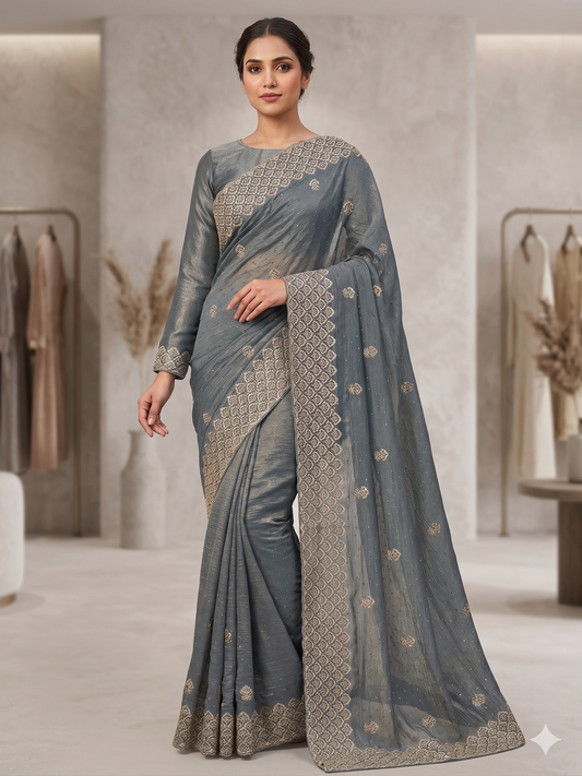 Metallic Grey Shimmer Saree with Full-Sleeve Blouse
