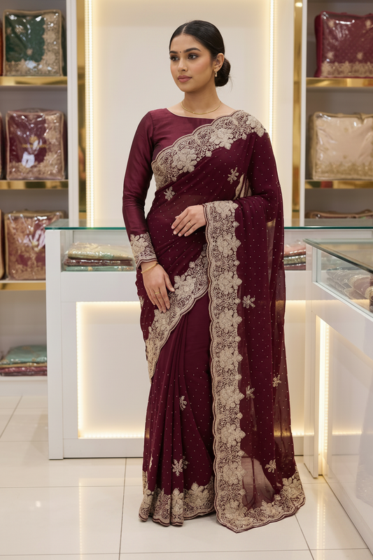 Deep Wine Georgette Saree with Full-Sleeve Blouse