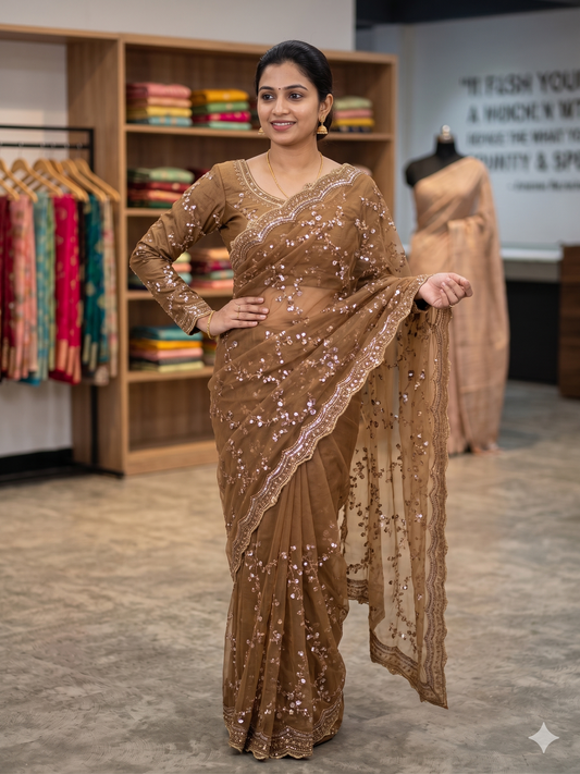 VIRAL SAREE - Golden Bronze Saree with Intricate Sequin Embroidery and Full-Sleeve Blouse