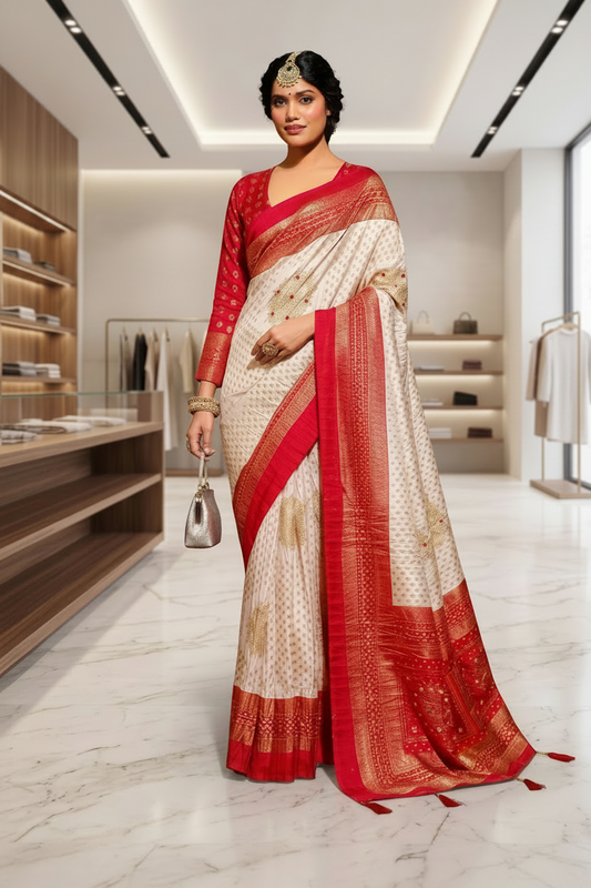 Ivory & Crimson Silk Bandni Saree Set with Embroidered Full-Sleeve Blouse