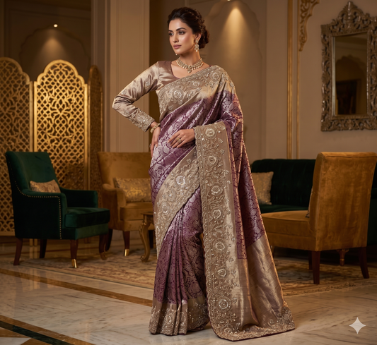 Mauve Silk-Blend Brocade Saree with Embroidered Full-Sleeve Blouse