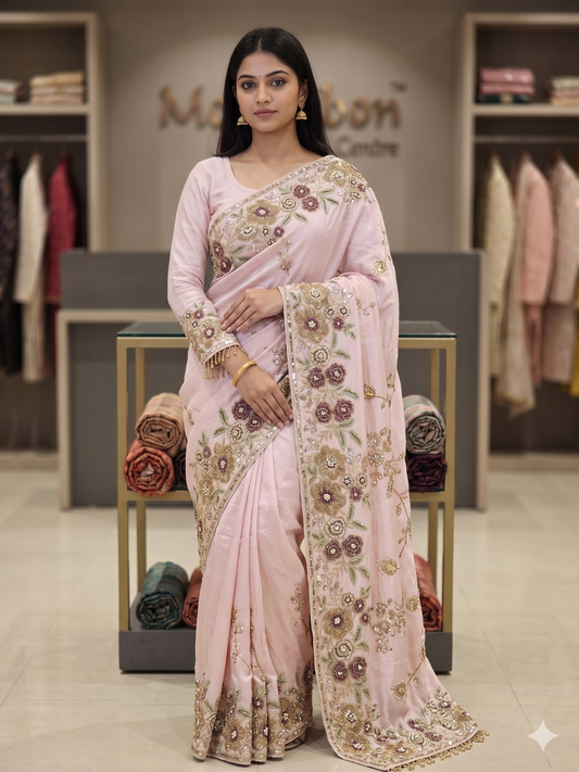 Pastel Pink Floral Embroidered Saree Set with Full-Sleeve Tassel Blouse