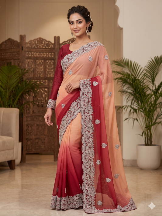 Crimson & Champagne Ombré Embroidered Saree with Full-Sleeve Blouse