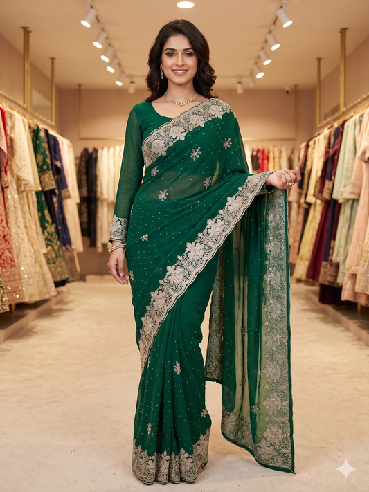Emerald Green Georgette Saree with Full-Sleeve Blouse