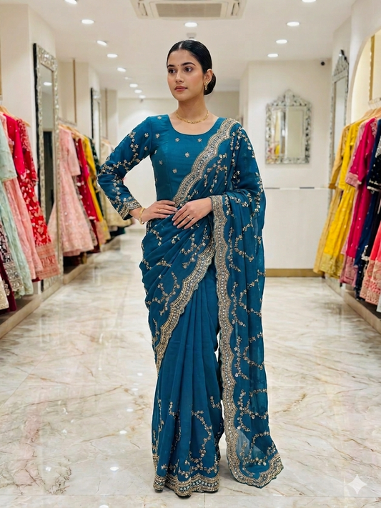 The "Viral Saree" Premium Collection: Embroidered Midnight Teal  Saree & Tailored Full-Sleeve Blouse Set