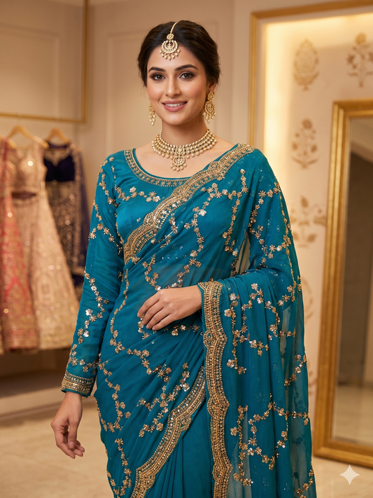VIRAL Elegant Teal Saree with Full-Sleeve Embellished Blouse