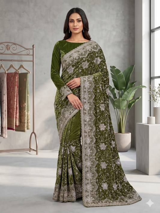Deep Moss Green Georgette Saree with Full-Sleeve Blouse