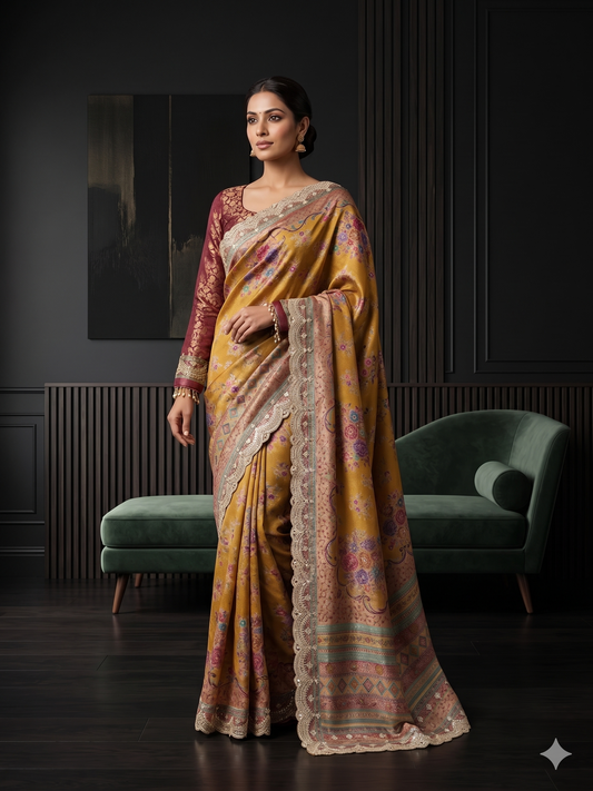 Mustard Yellow Floral Silk Saree Comes with Full Sleeve Maroon Banarasi Brocade Blouse