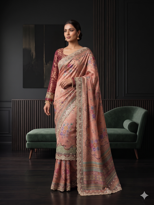 Peach Floral Silk Saree Comes with Full Sleeve Maroon Banarasi Brocade Blouse