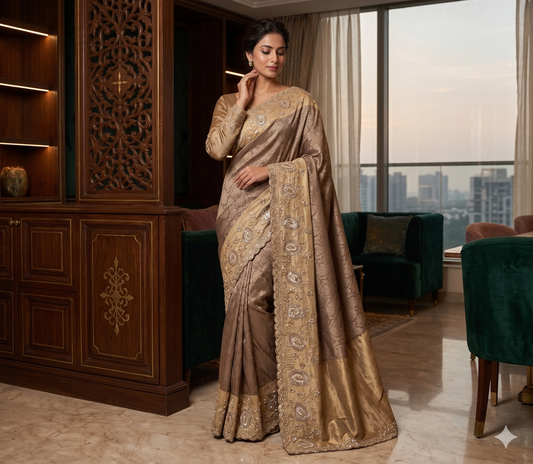 Pure Jacquard Saree with Heavily Embellished Full-Sleeve Blouse