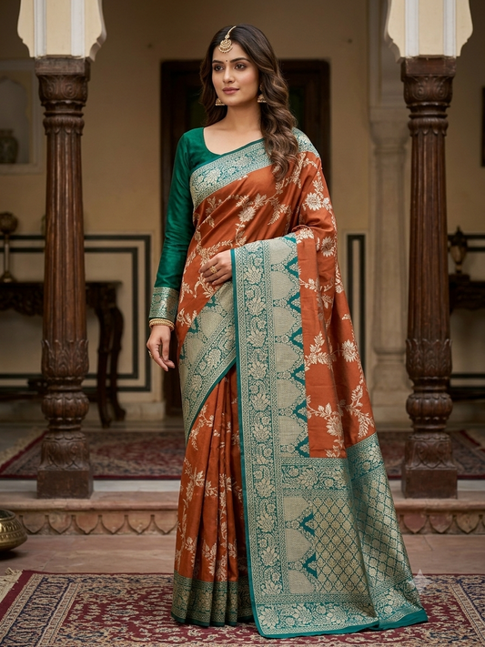 Elegant Rust Orange & Emerald Green Soft Katan Saree with Embroidered Full-Sleeve Blouse