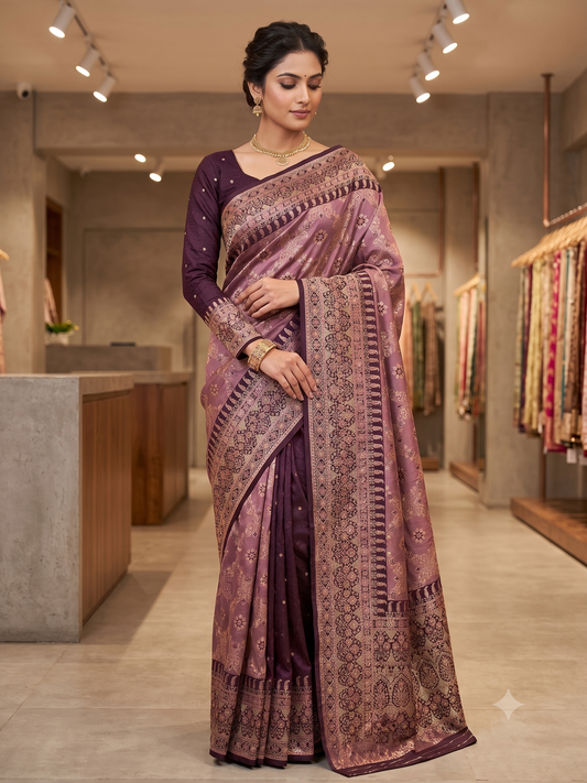 Elegant Mauve-Purple Silk Katan Saree with Intricate Gold Zari Brocade & Embroidered Full-Sleeve Blouse
