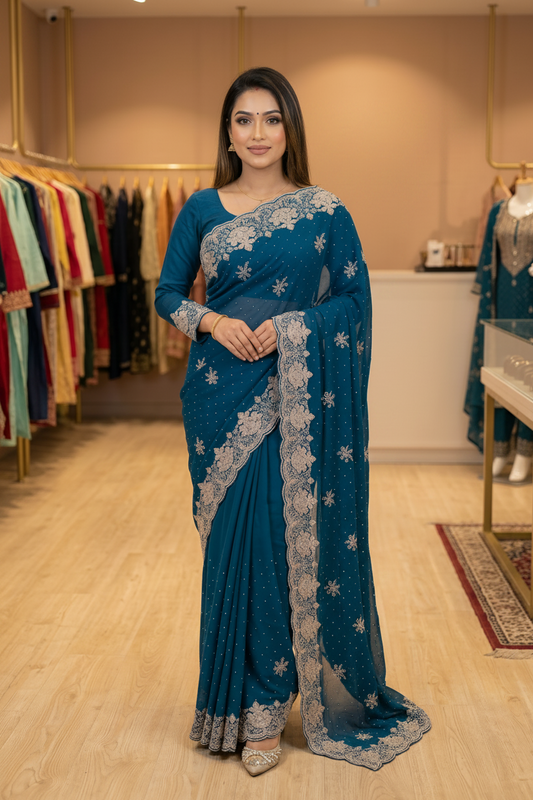 Peacock Blue Embroidered Georgette Saree with Full-Sleeve Blouse