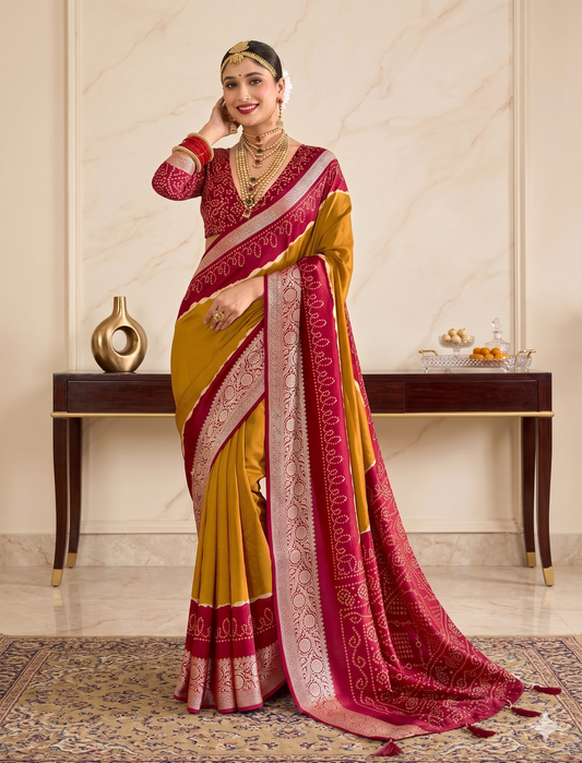 Mustard & Crimson Silk Saree with Full-Sleeve Embroidered Blouse