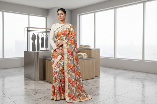 Elegant Floral Print Saree with Border Embellishments And Full Sleeve Saree